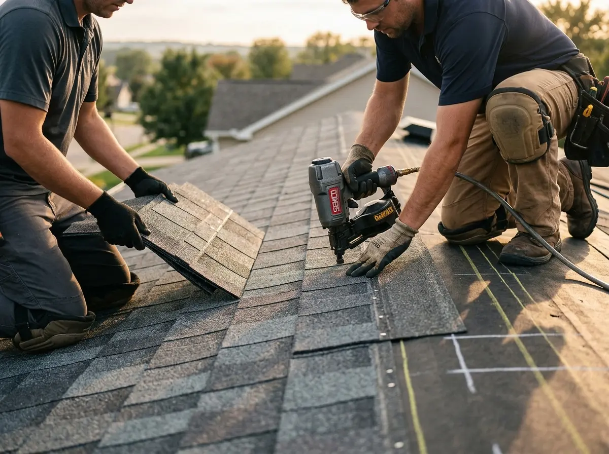 Professional roofer working on a residential roof in Burrillville